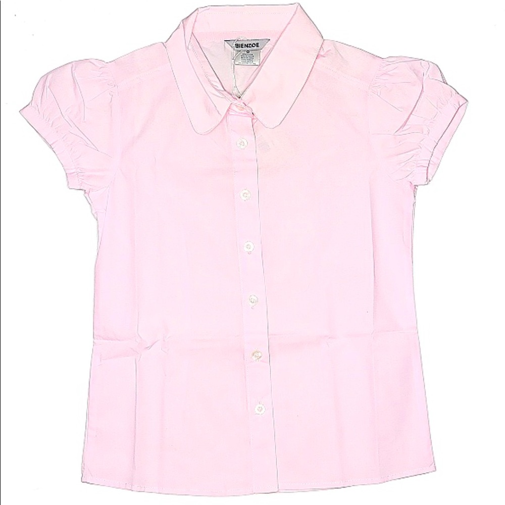 Bienzoe Big Girl's Pink Oxford Short Puff Sleeve Blouse School Uniform